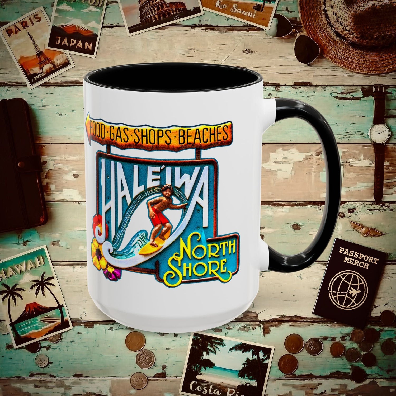 Signs of Wanderlust, Hale'iwa (North+South) Oahu, Hawaii 15oz Mug Black / 15oz