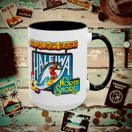 Signs of Wanderlust, Hale'iwa (North+South) Oahu, Hawaii 15oz Mug Black / 15oz