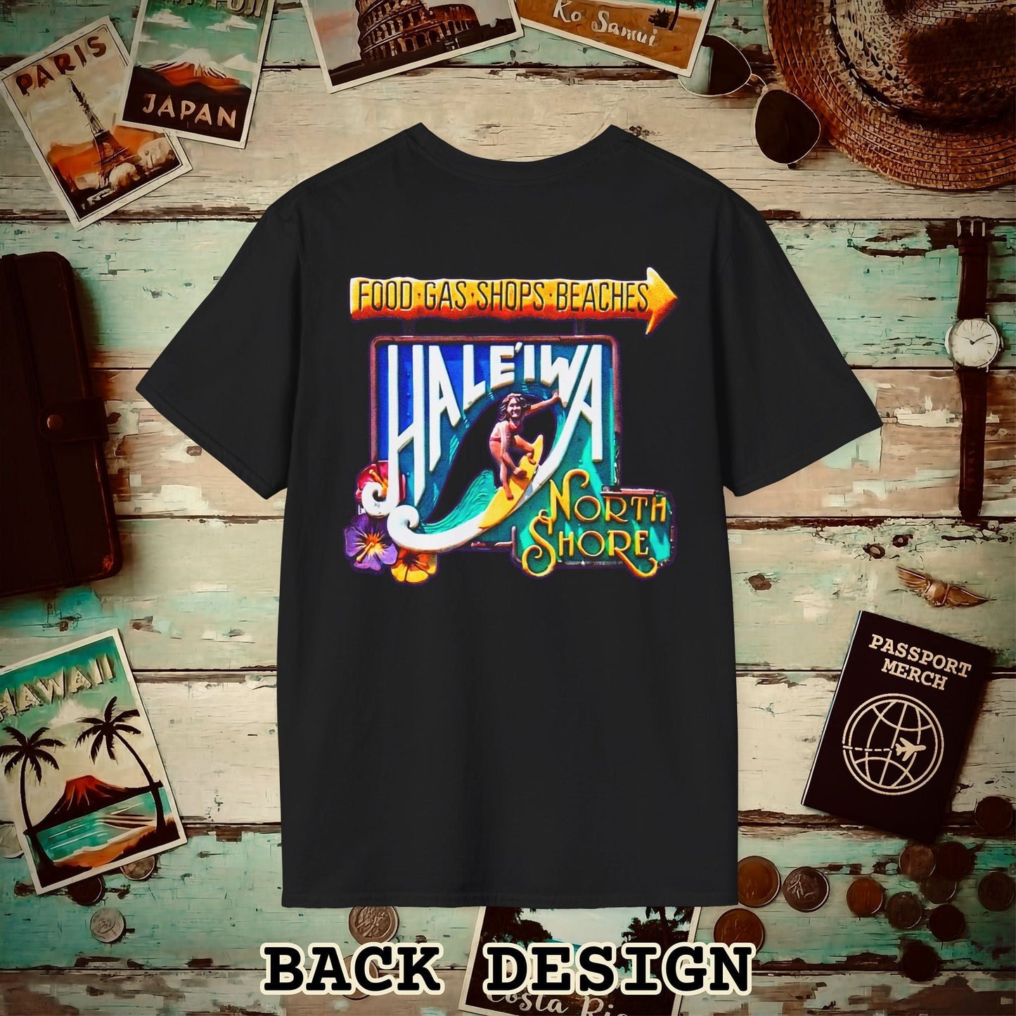 Signs of Wanderlust, Hale'iwa (South) Oahu, Hawaii Back Print T-Shirt Black / S