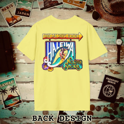 Signs of Wanderlust, Hale'iwa (South) Oahu, Hawaii Back Print T-Shirt Cornsilk / S