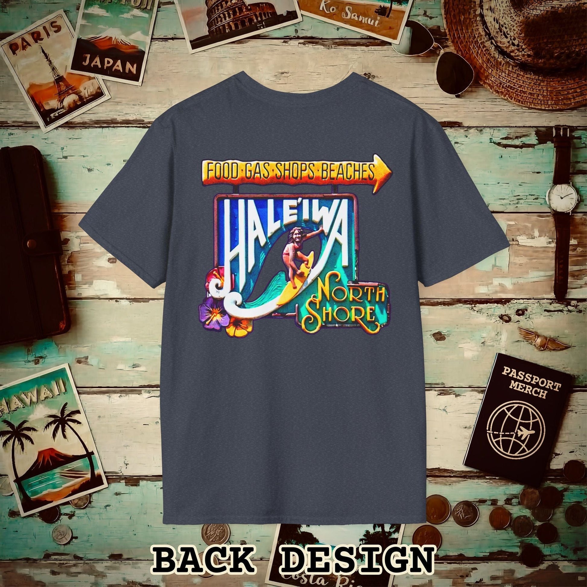 Signs of Wanderlust, Hale'iwa (South) Oahu, Hawaii Back Print T-Shirt Heather Navy / S