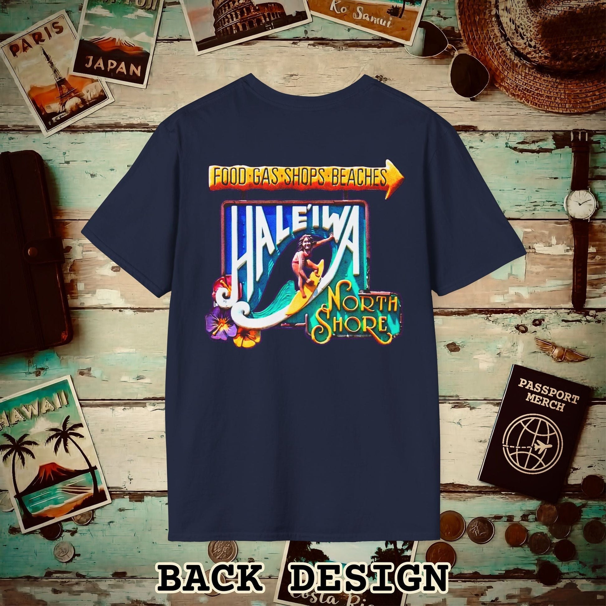 Signs of Wanderlust, Hale'iwa (South) Oahu, Hawaii Back Print T-Shirt Navy / S