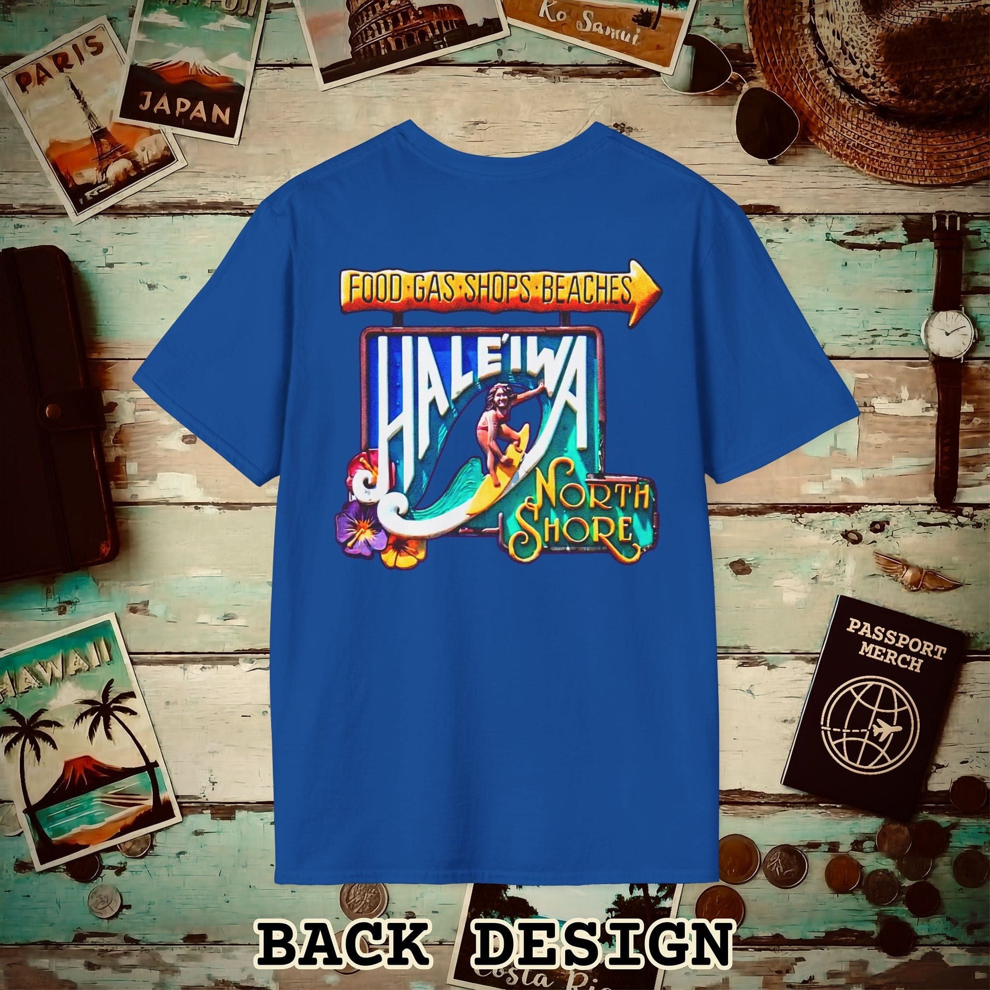 Signs of Wanderlust, Hale'iwa (South) Oahu, Hawaii Back Print T-Shirt Royal / S