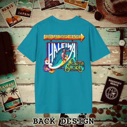 Signs of Wanderlust, Hale'iwa (South) Oahu, Hawaii Back Print T-Shirt Tropical Blue / S