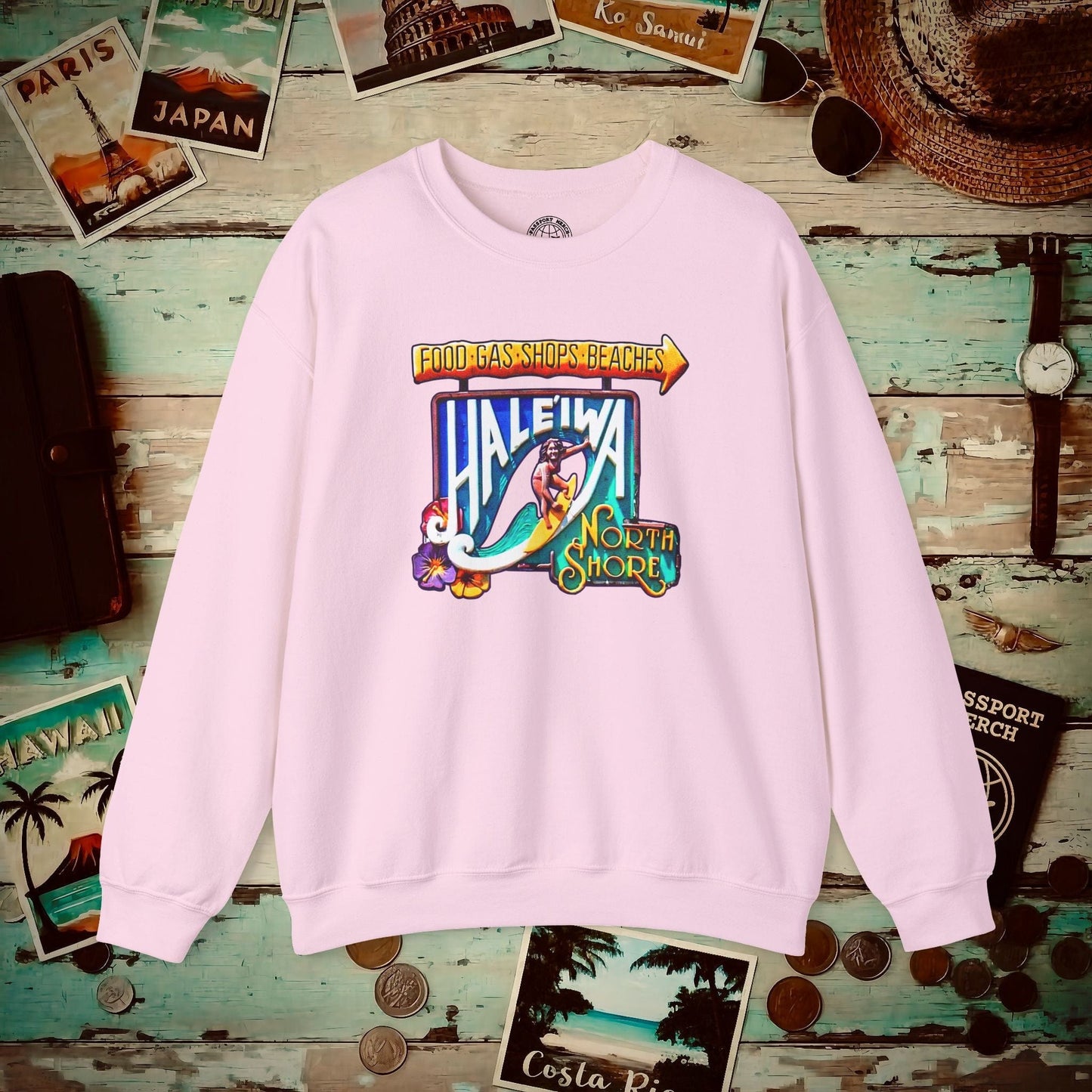 Signs of Wanderlust, Hale'iwa (South) Oahu, Hawaii Crewneck Light Pink / S