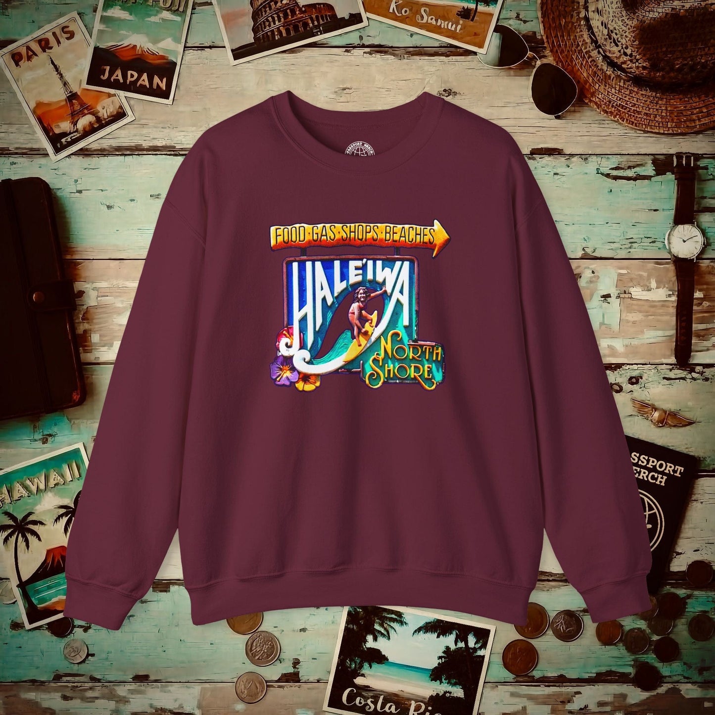 Signs of Wanderlust, Hale'iwa (South) Oahu, Hawaii Crewneck Maroon / S