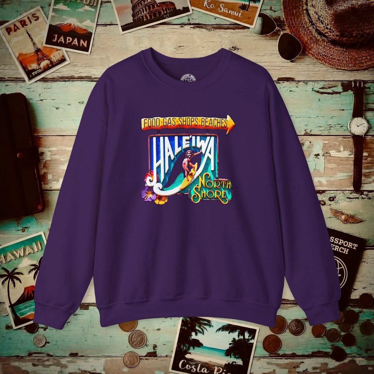 Signs of Wanderlust, Hale'iwa (South) Oahu, Hawaii Crewneck Purple / S