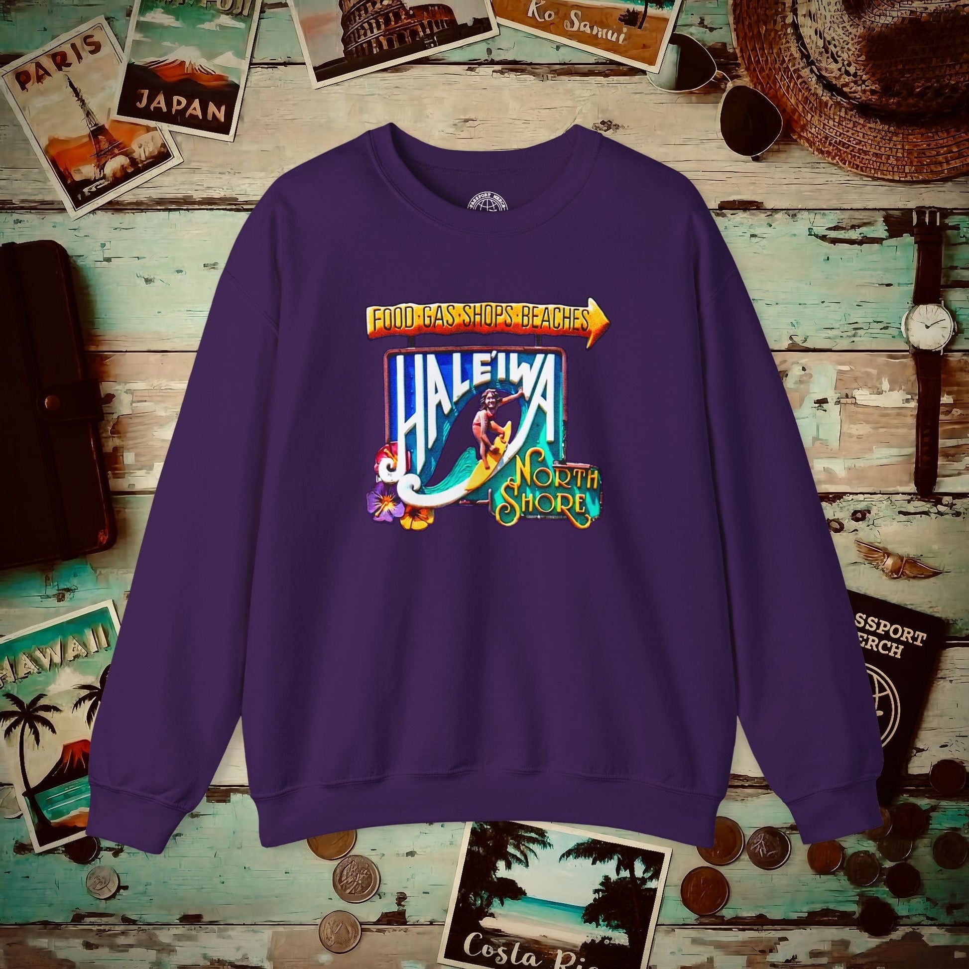 Signs of Wanderlust, Hale'iwa (South) Oahu, Hawaii Crewneck Purple / S