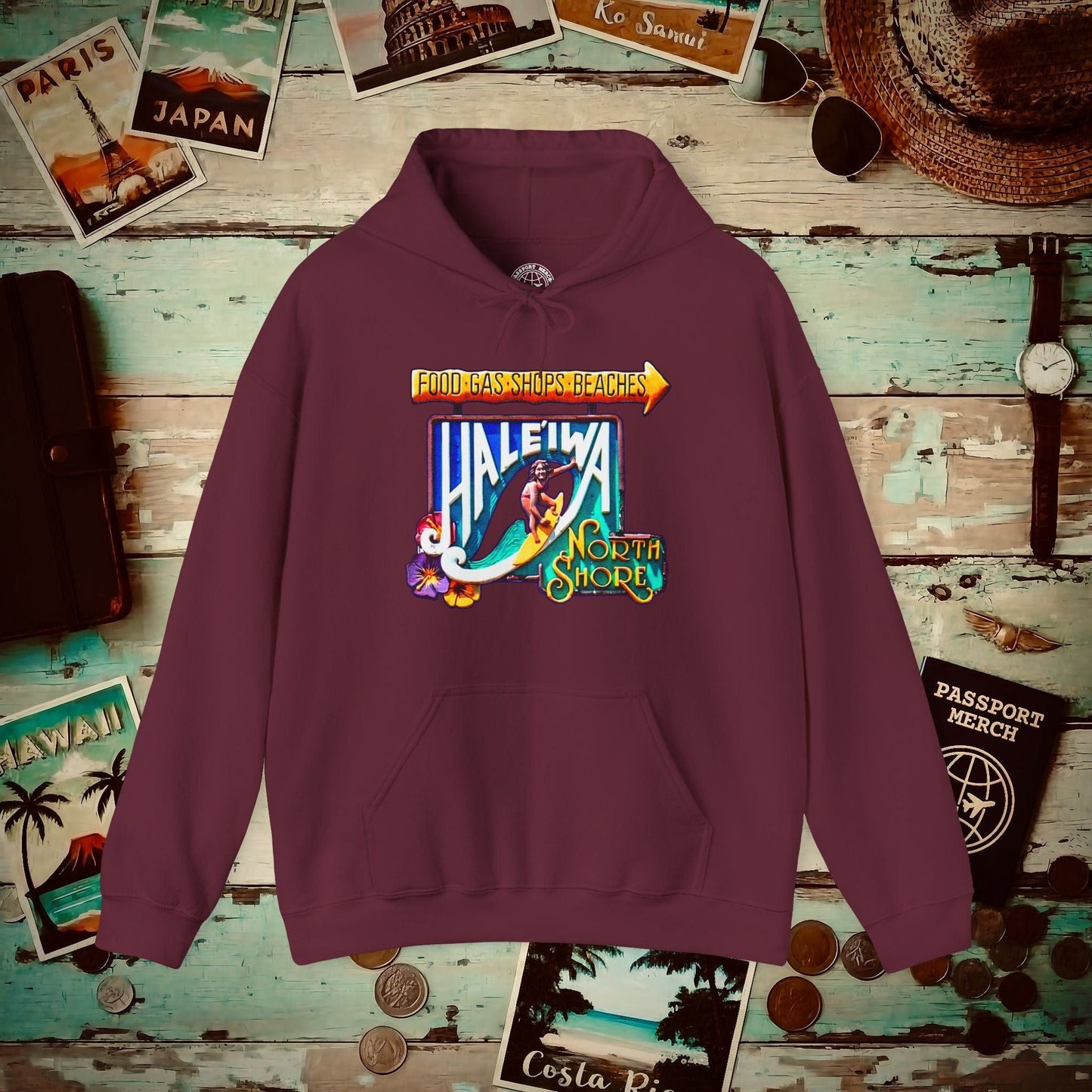 Signs of Wanderlust, Hale'iwa (South) Oahu, Hawaii Hoodie Maroon / S