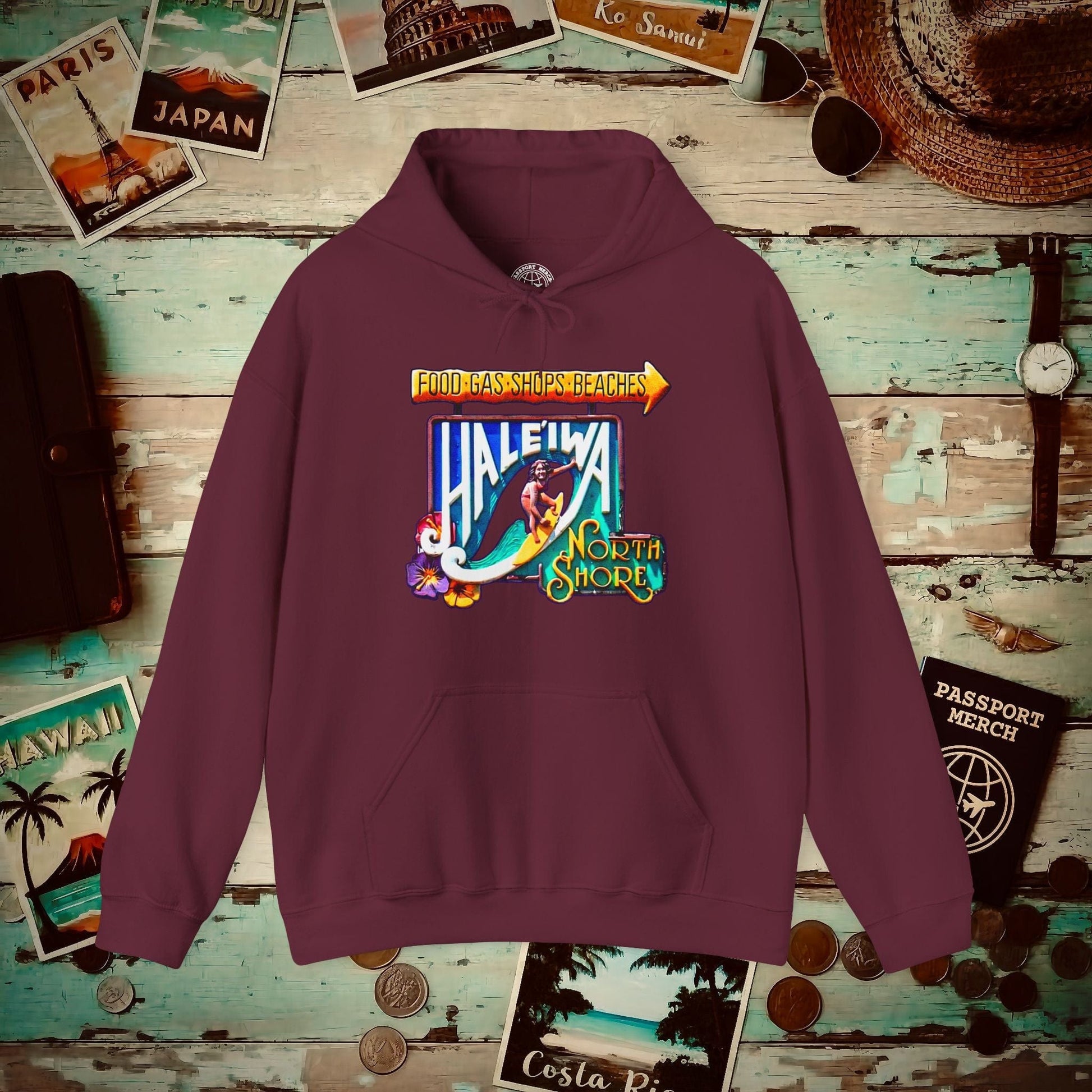 Signs of Wanderlust, Hale'iwa (South) Oahu, Hawaii Hoodie Maroon / S