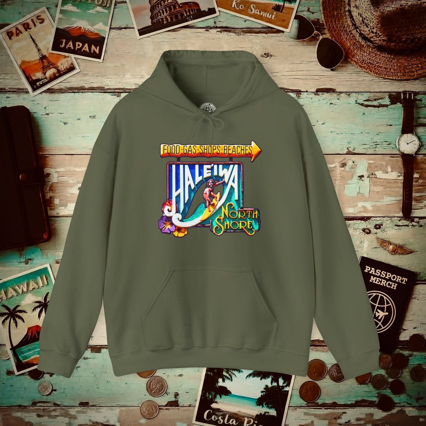 Signs of Wanderlust, Hale'iwa (South) Oahu, Hawaii Hoodie Military Green / S