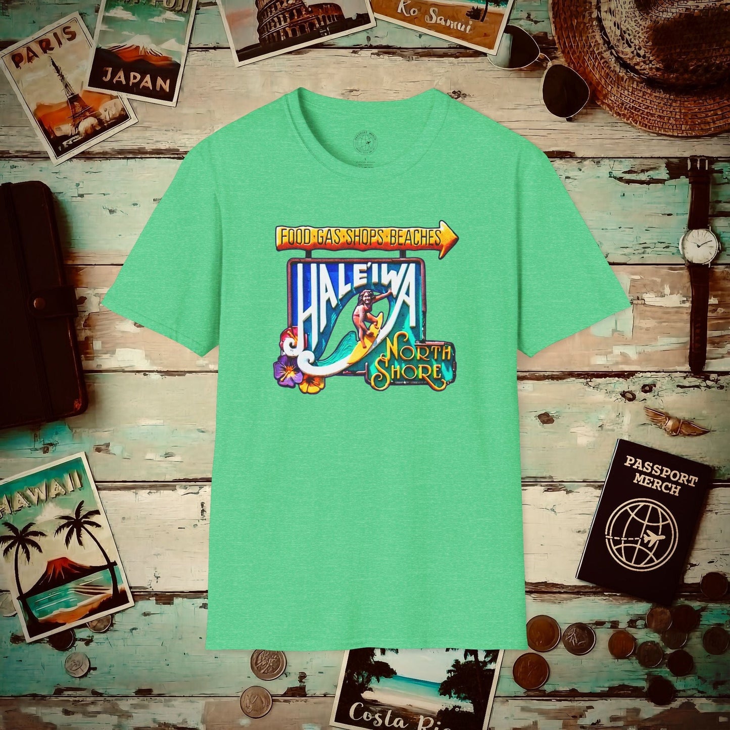 Signs of Wanderlust, Hale'iwa (South) Oahu, Hawaii T-Shirt Heather Irish Green / S