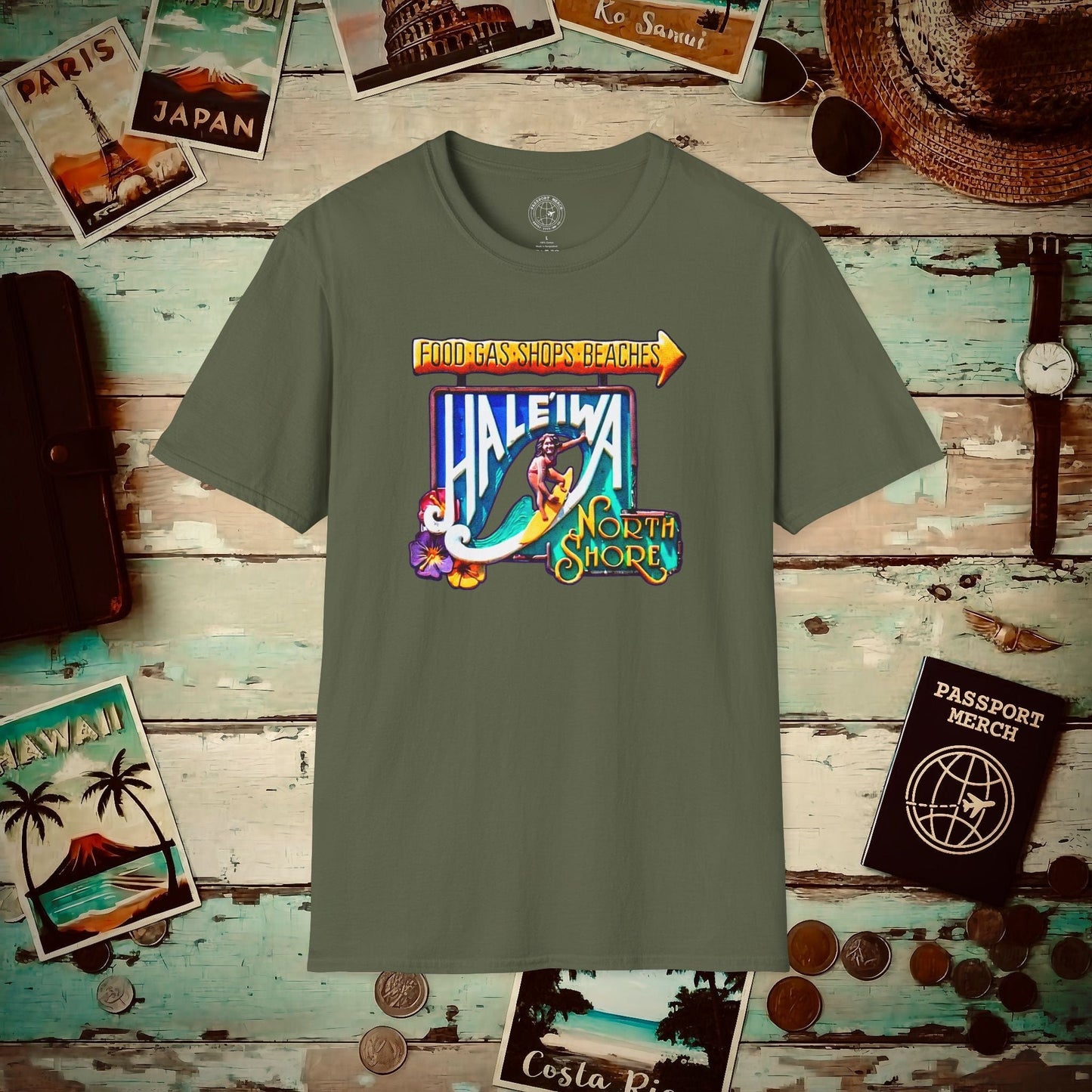 Signs of Wanderlust, Hale'iwa (South) Oahu, Hawaii T-Shirt Military Green / S