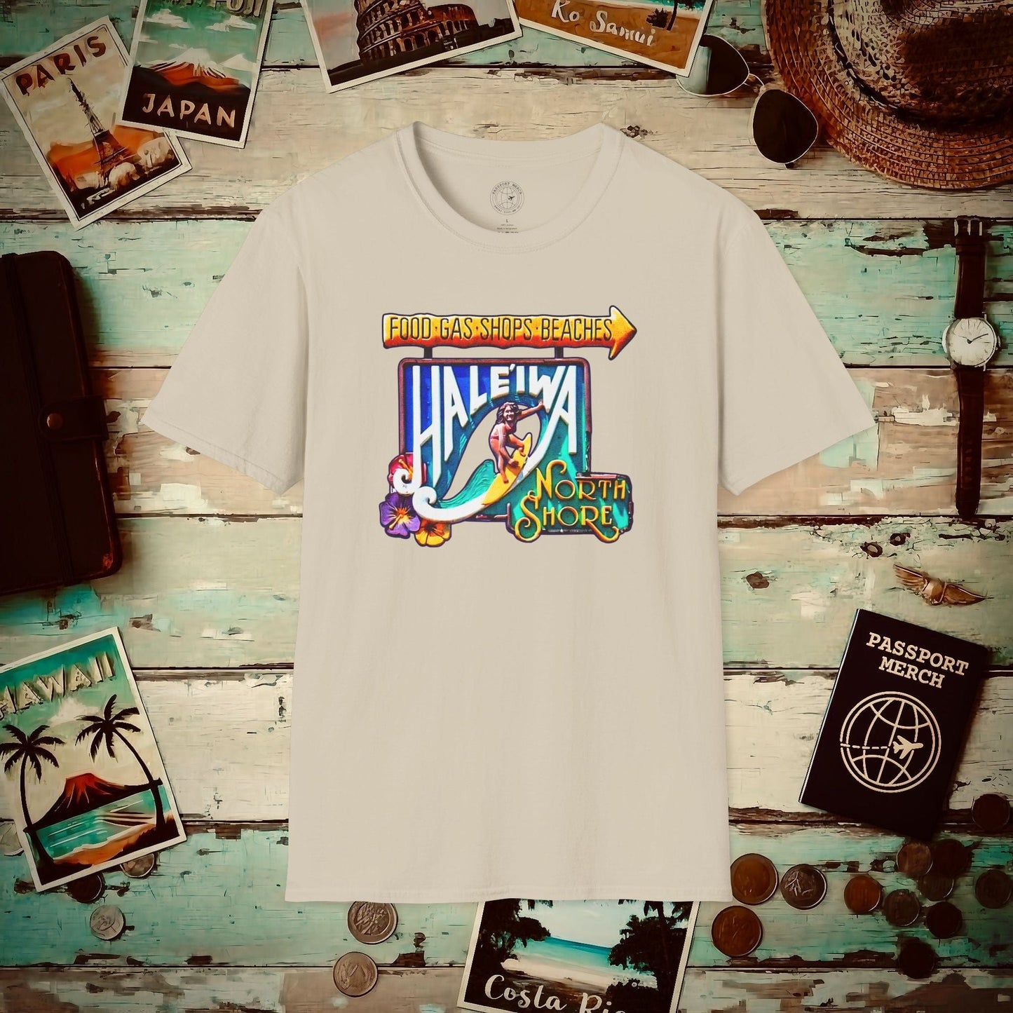 Signs of Wanderlust, Hale'iwa (South) Oahu, Hawaii T-Shirt Sand / S