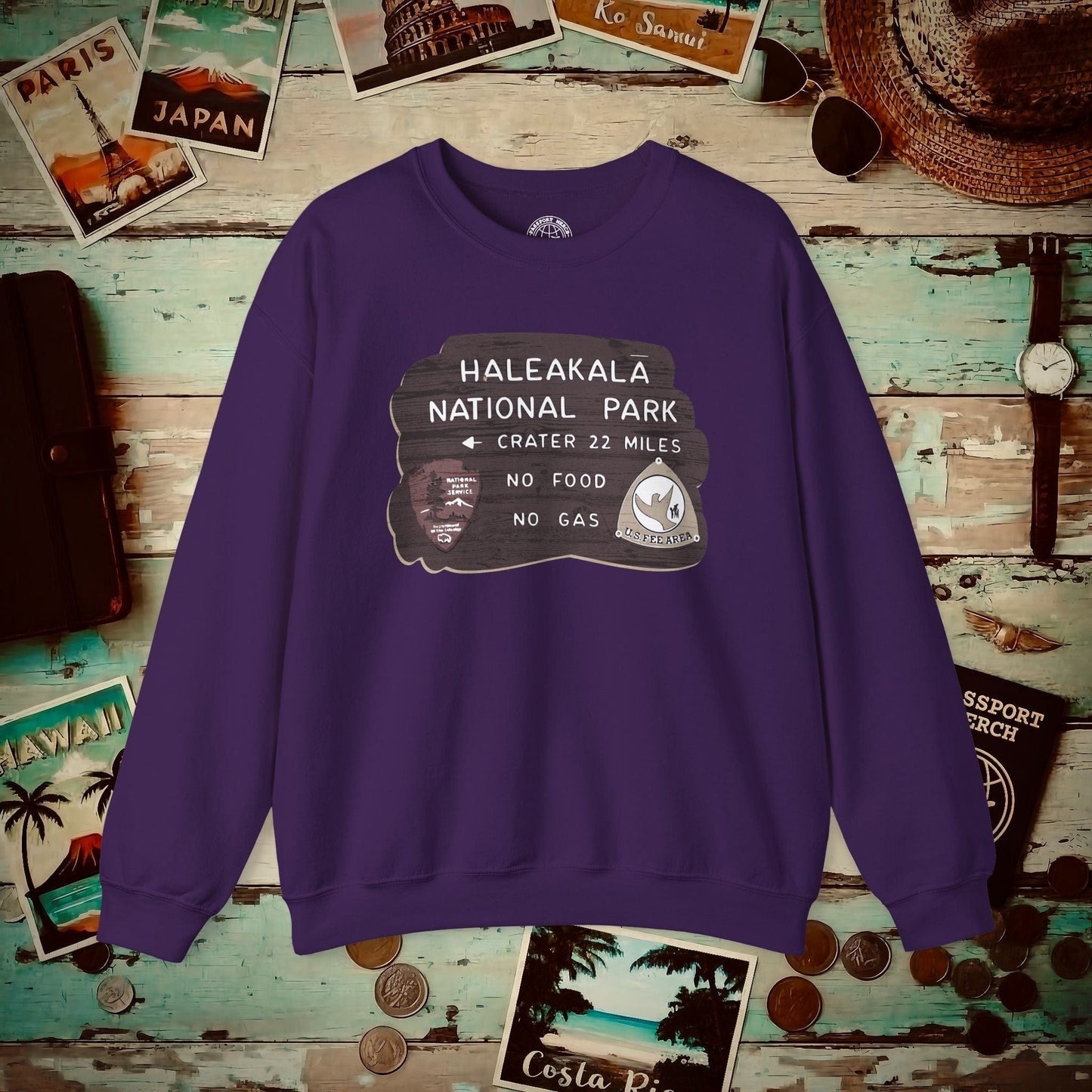Signs of Wanderlust, Haleakala, Maui, Hawaii Crewneck Purple / S