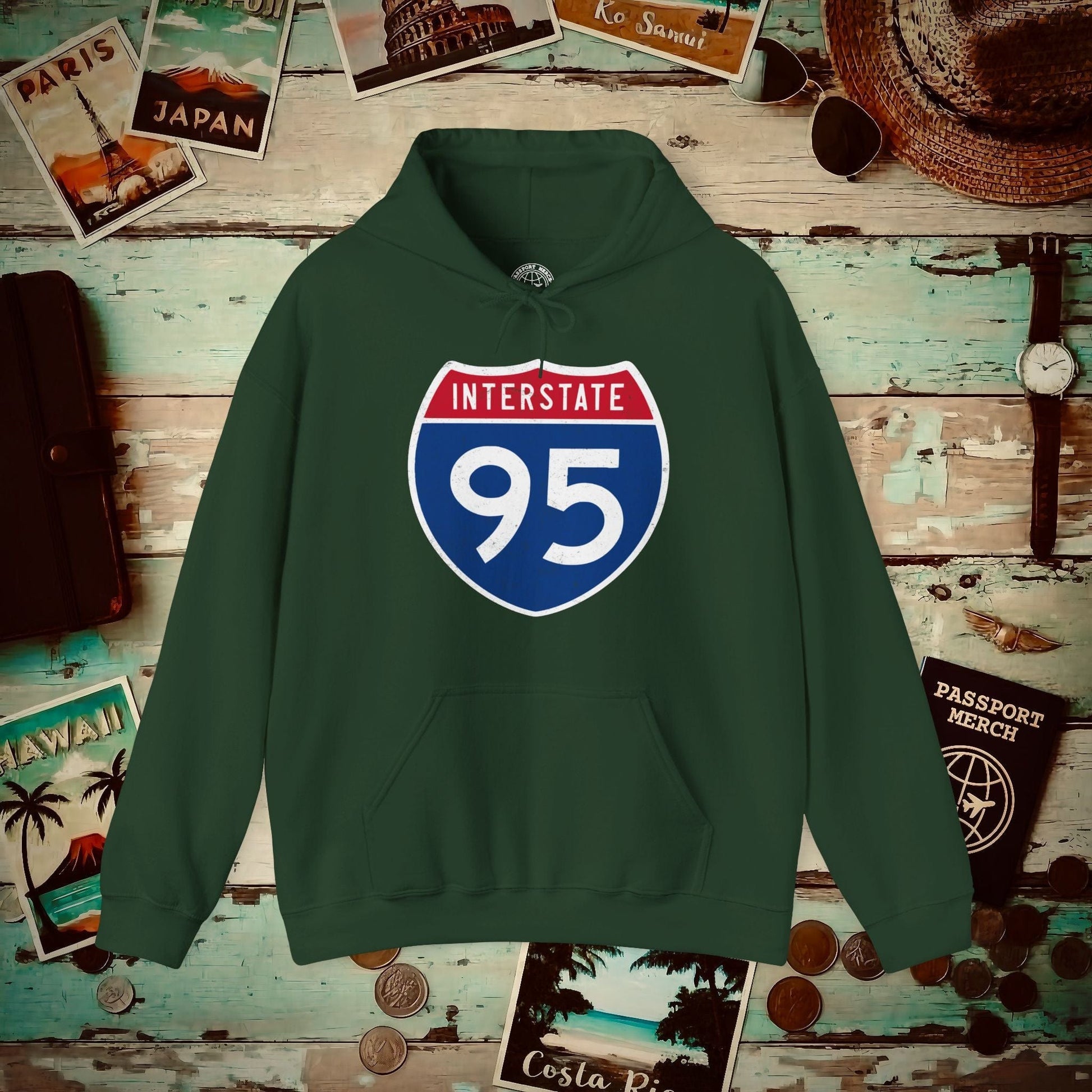 Signs of Wanderlust, Interstate 95, USA Hoodie Forest Green / S