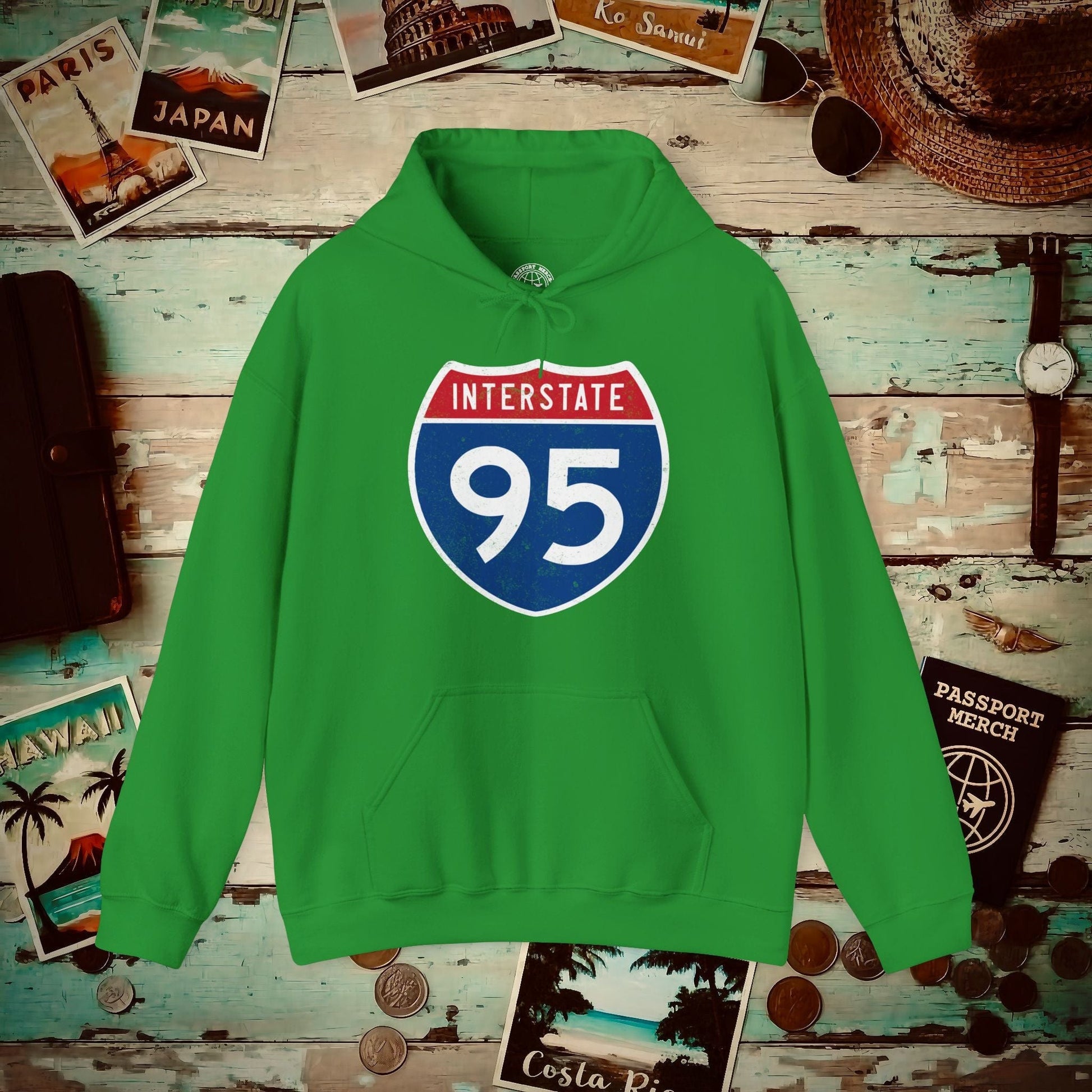 Signs of Wanderlust, Interstate 95, USA Hoodie Irish Green / S