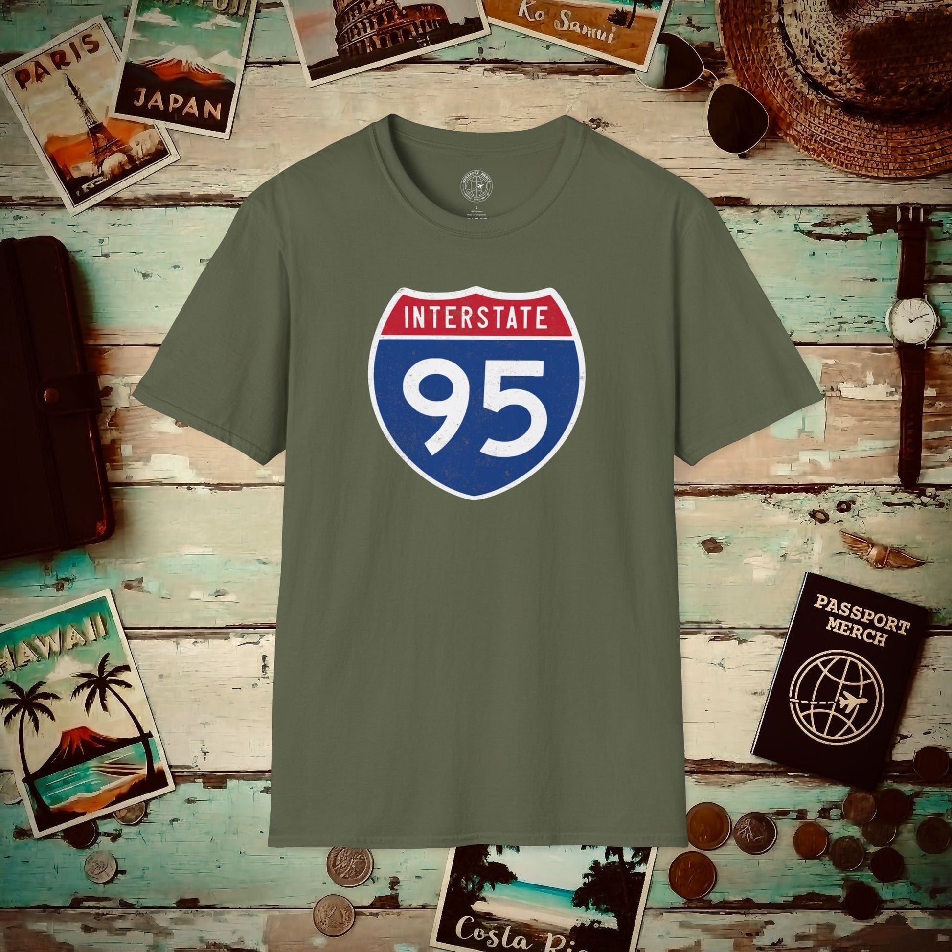 Signs of Wanderlust, Interstate 95, USA T-Shirt Military Green / S