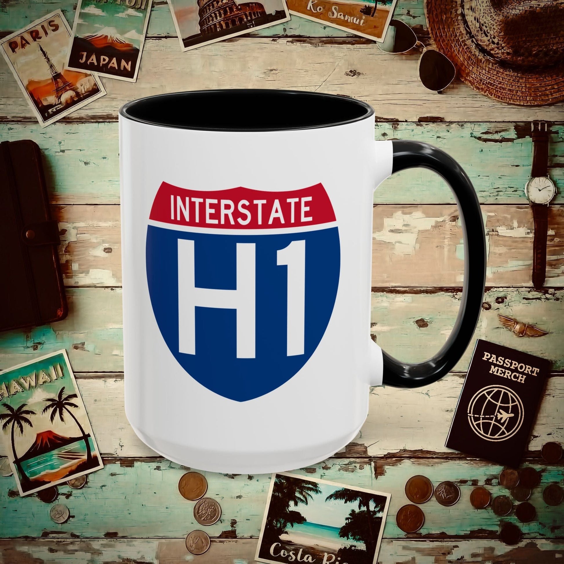 Signs of Wanderlust, Interstate H1, Hawaii 15oz Mug Black / 15oz