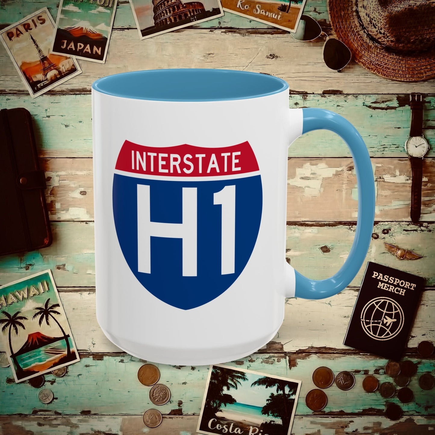 Signs of Wanderlust, Interstate H1, Hawaii 15oz Mug Light Blue / 15oz