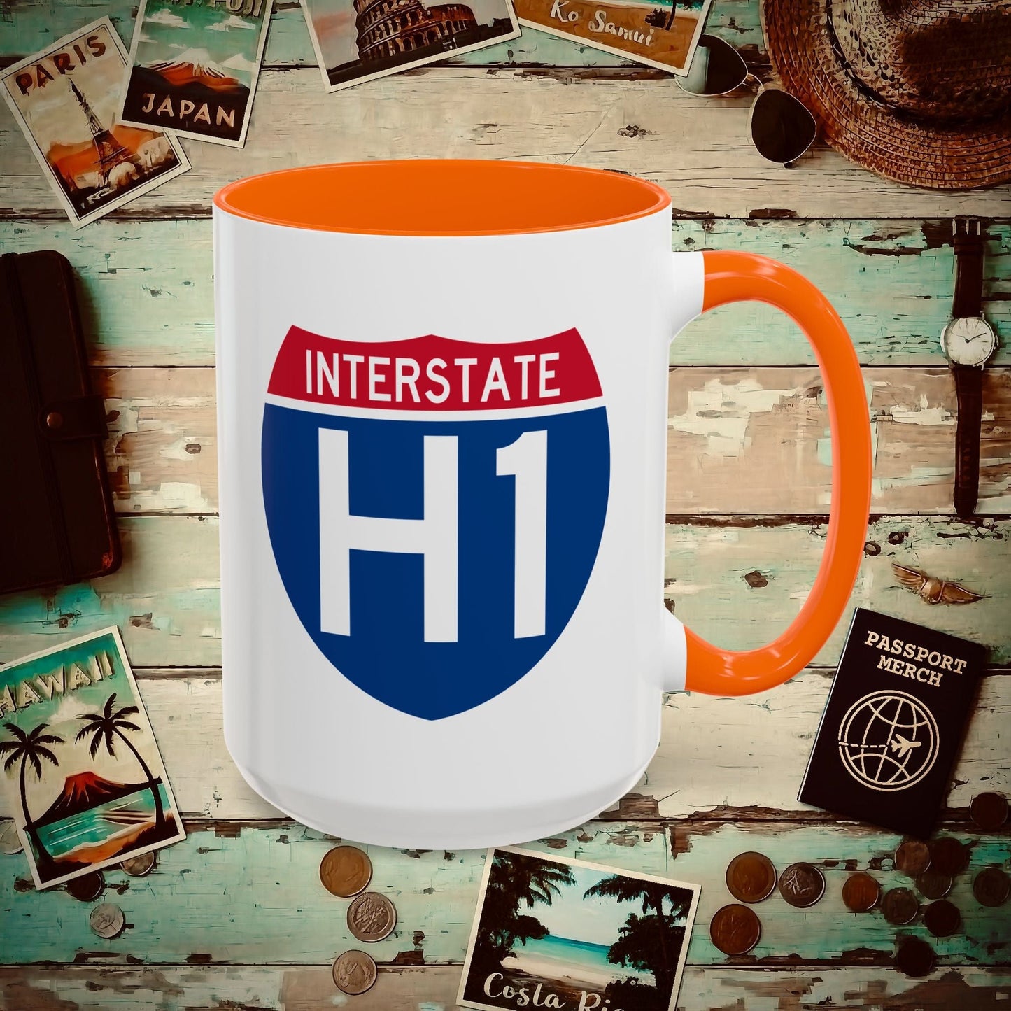 Signs of Wanderlust, Interstate H1, Hawaii 15oz Mug Orange / 15oz