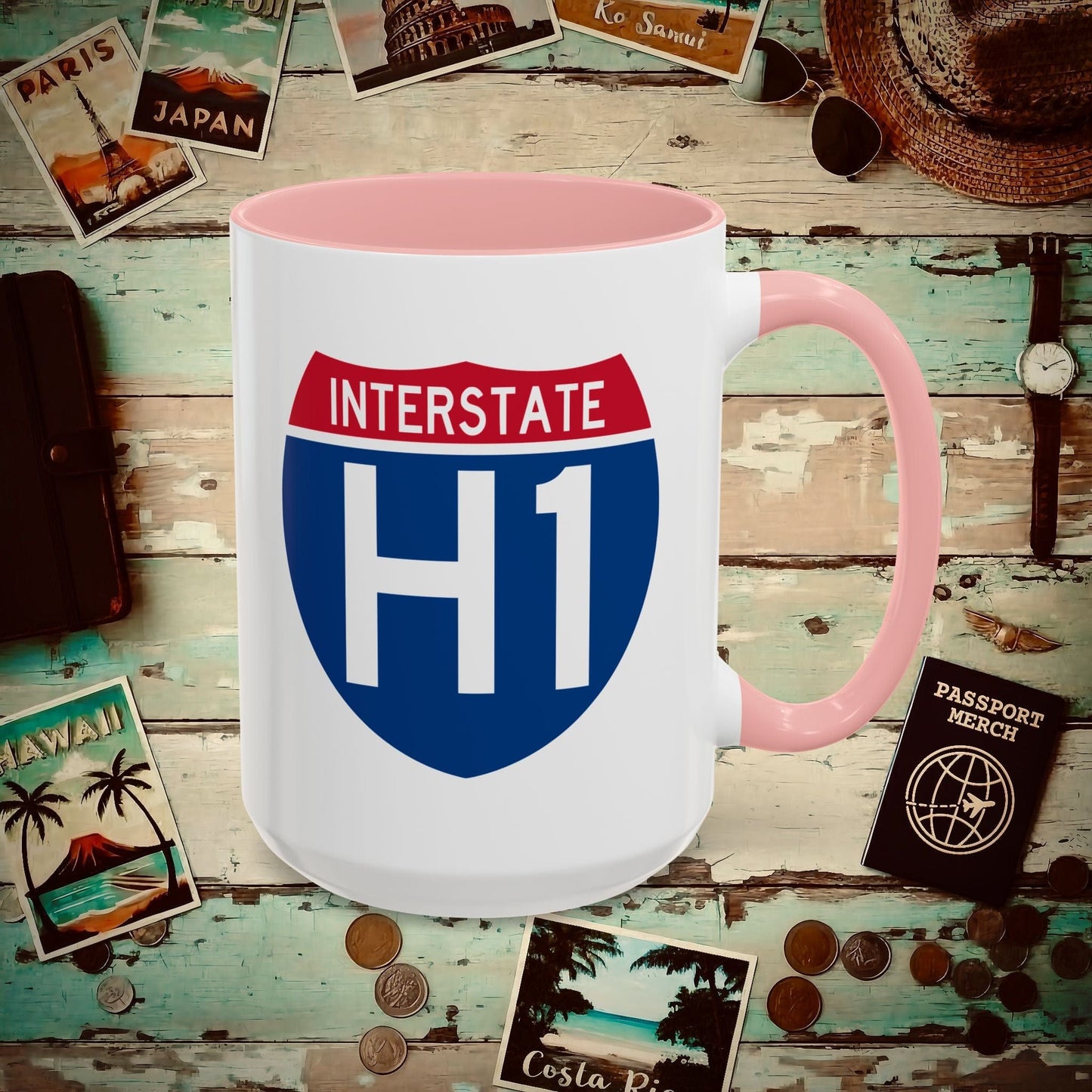 Signs of Wanderlust, Interstate H1, Hawaii 15oz Mug Pink / 15oz