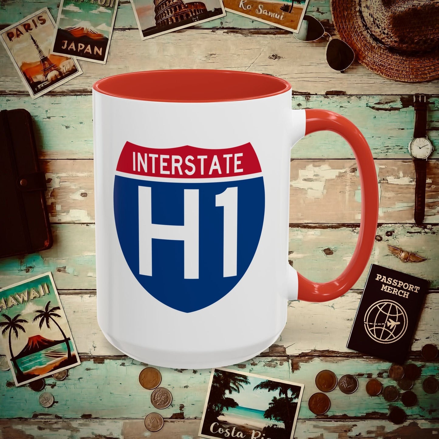 Signs of Wanderlust, Interstate H1, Hawaii 15oz Mug Red / 15oz