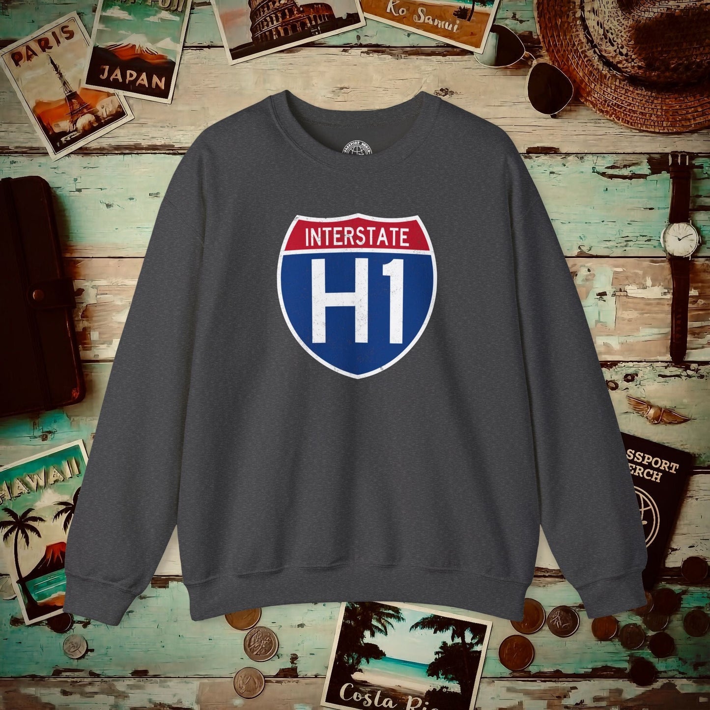 Signs of Wanderlust, Interstate H1, Hawaii Crewneck Dark Heather / S