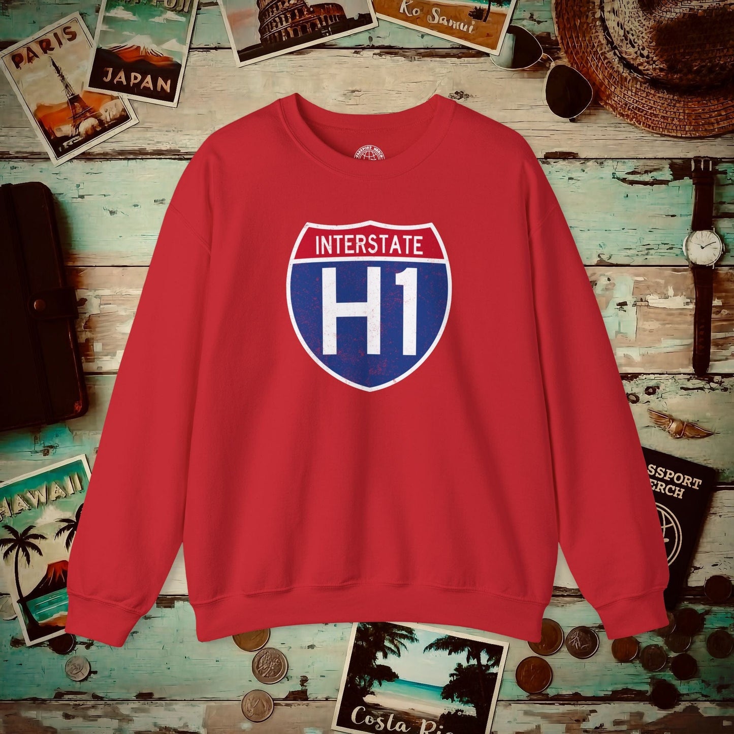 Signs of Wanderlust, Interstate H1, Hawaii Crewneck Red / S