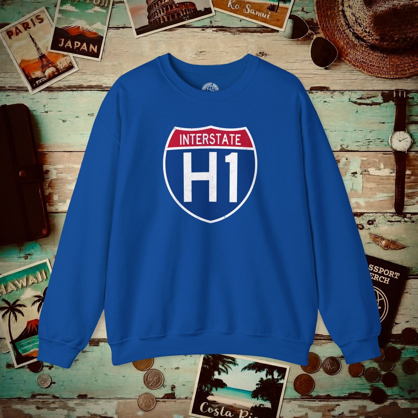 Signs of Wanderlust, Interstate H1, Hawaii Crewneck Royal / S