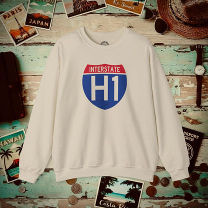 Signs of Wanderlust, Interstate H1, Hawaii Crewneck Sand / S