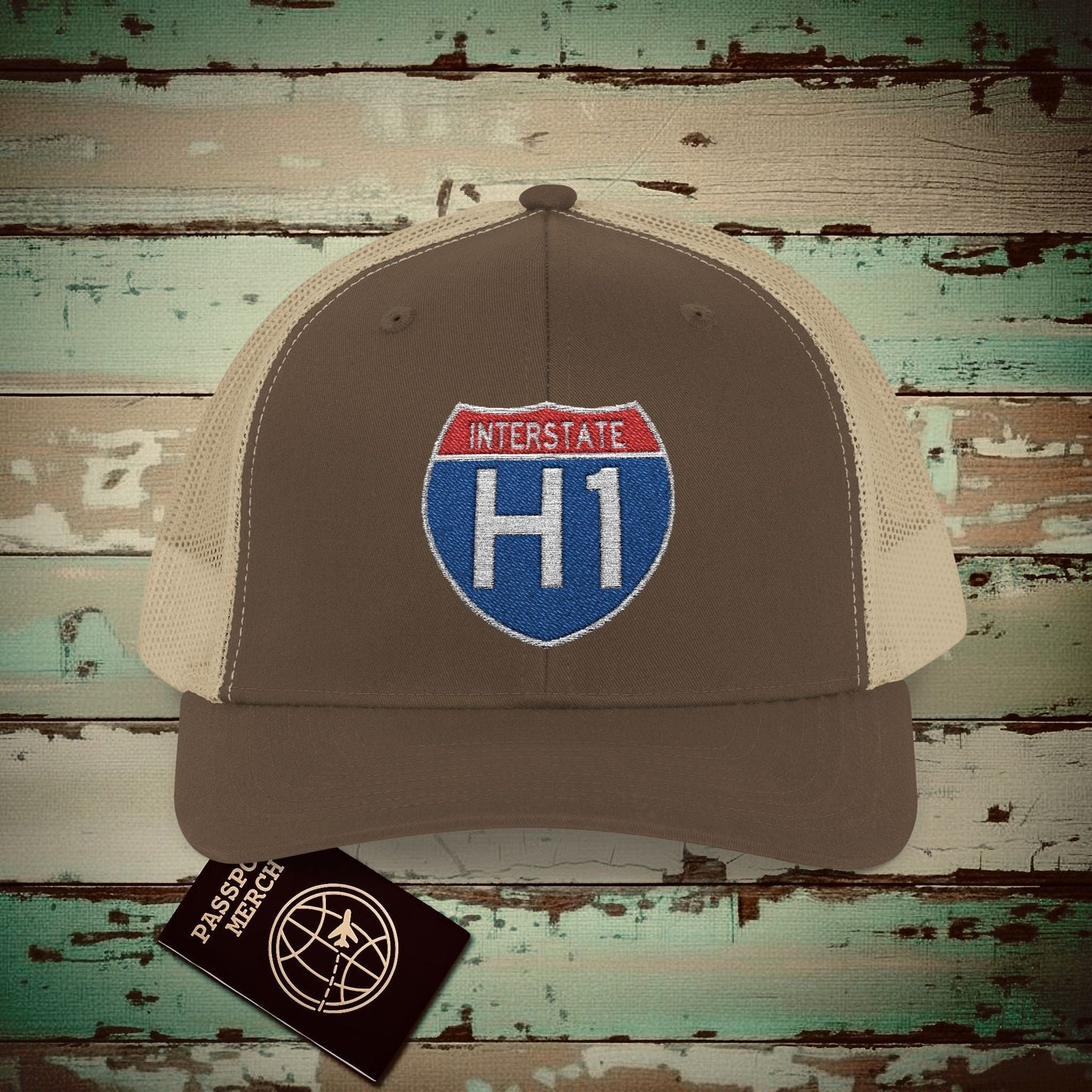 Signs of Wanderlust, Interstate H1, Hawaii Embroidered Trucker Hat Brown / Khaki / One size