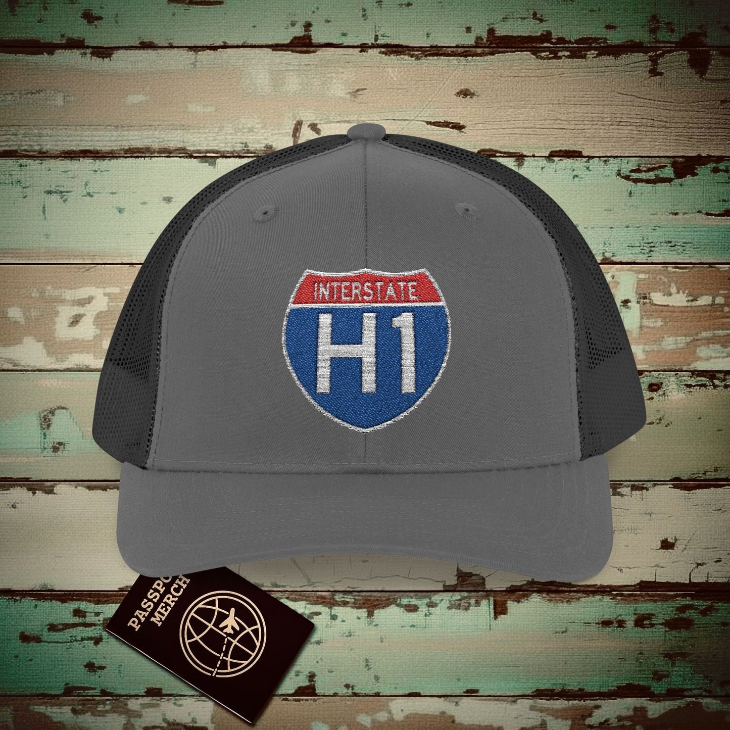 Signs of Wanderlust, Interstate H1, Hawaii Embroidered Trucker Hat Charcoal / Black / One size
