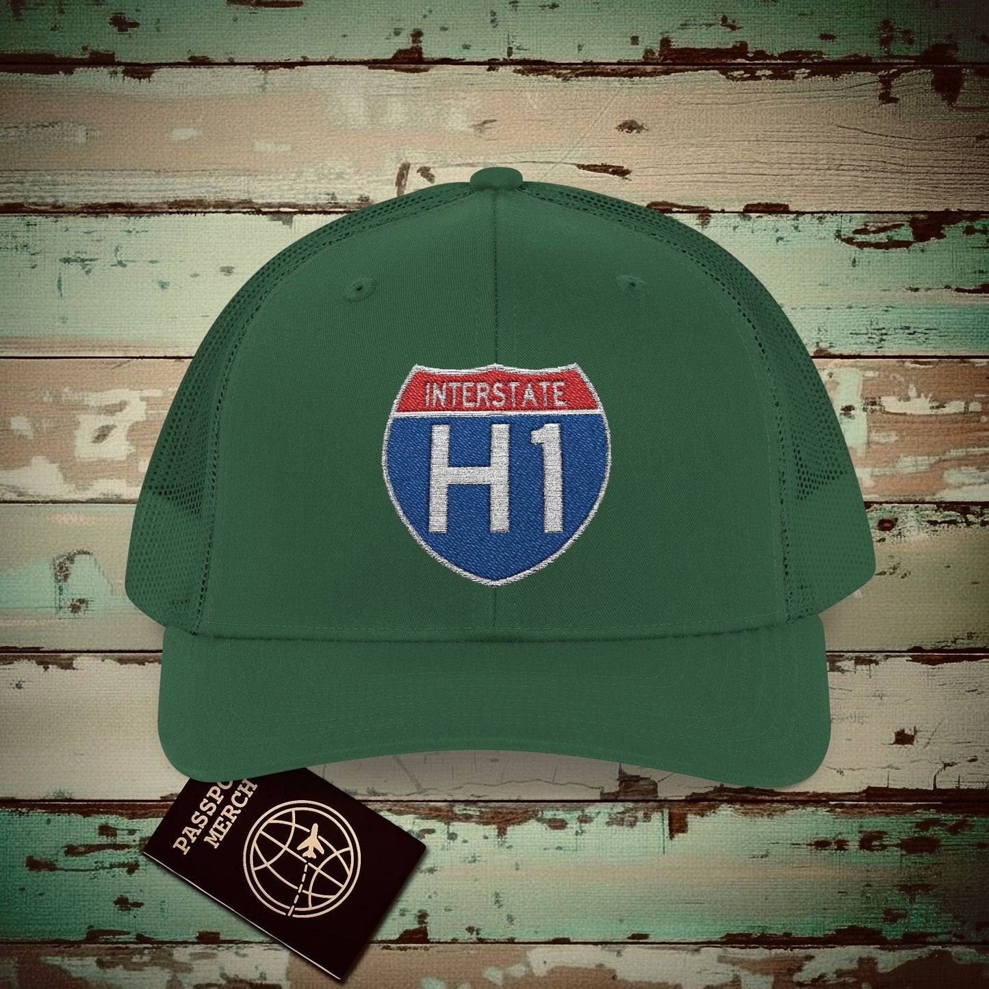 Signs of Wanderlust, Interstate H1, Hawaii Embroidered Trucker Hat Evergreen / One size