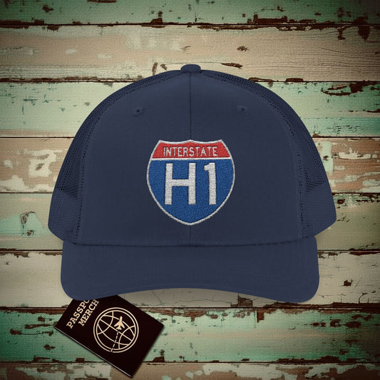 Signs of Wanderlust, Interstate H1, Hawaii Embroidered Trucker Hat Navy / One size