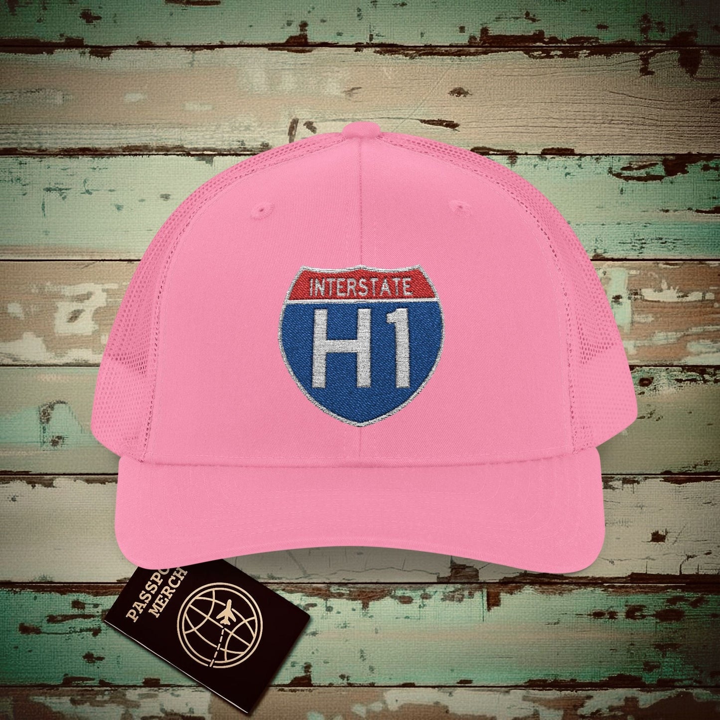 Signs of Wanderlust, Interstate H1, Hawaii Embroidered Trucker Hat Pink / One size