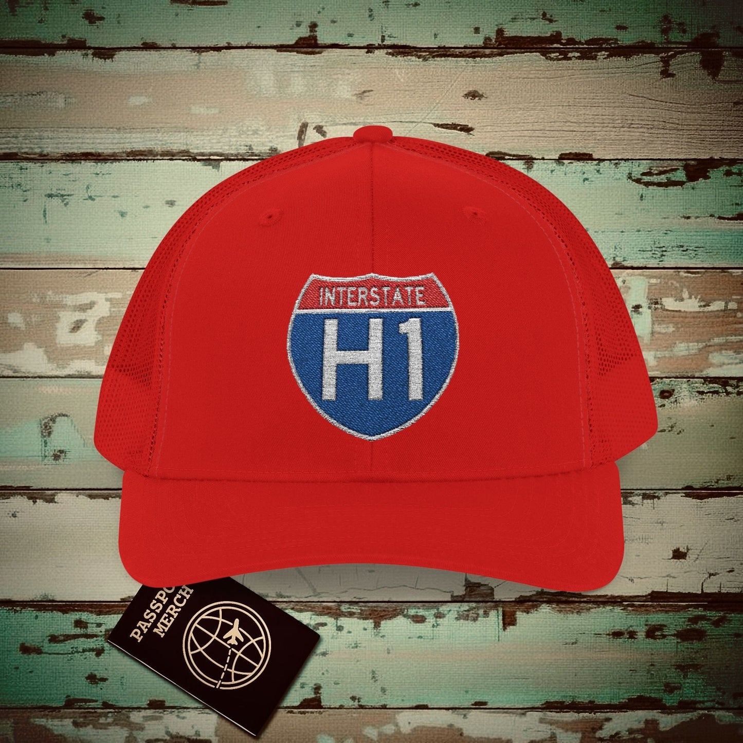 Signs of Wanderlust, Interstate H1, Hawaii Embroidered Trucker Hat Red / One size