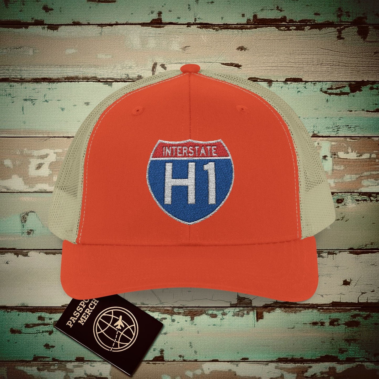 Signs of Wanderlust, Interstate H1, Hawaii Embroidered Trucker Hat Rustic Orange / Khaki / One size