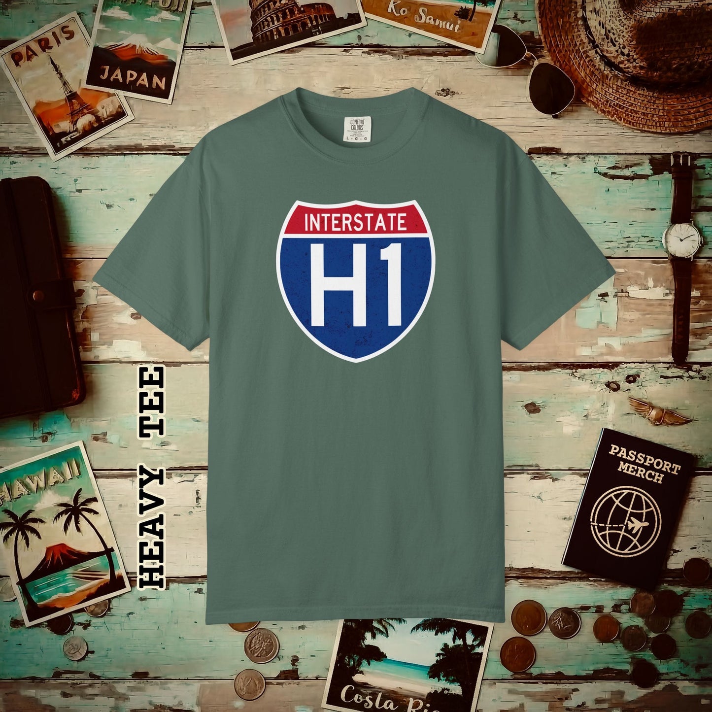 Signs of Wanderlust, Interstate H1, Hawaii Heavy Tee Blue Spruce / S