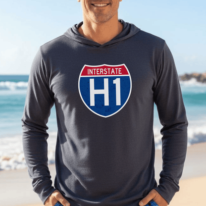 Signs of Wanderlust, Interstate H1, Hawaii Hooded Long Sleeve XS / Heather Navy