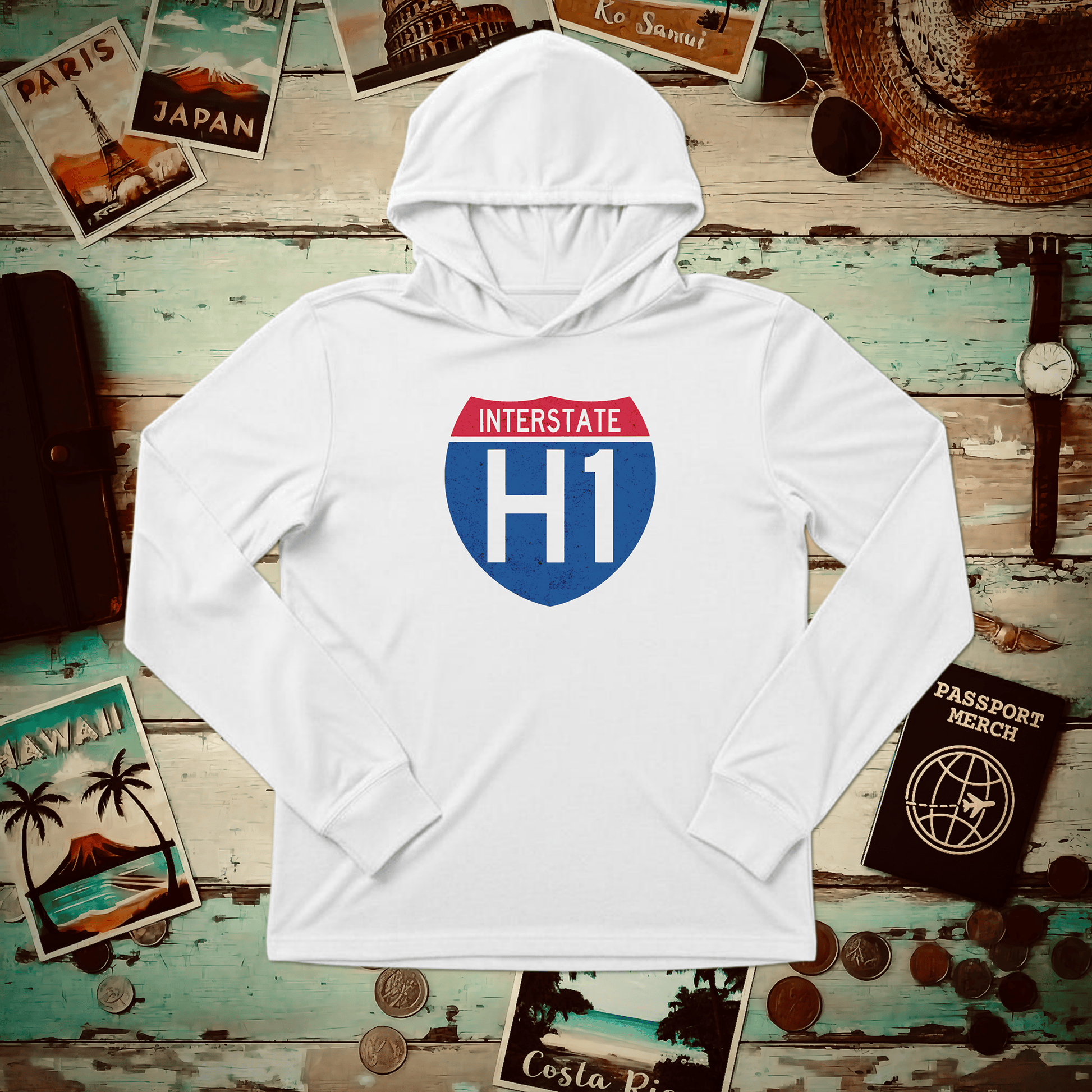 Signs of Wanderlust, Interstate H1, Hawaii Hooded Long Sleeve XS / White