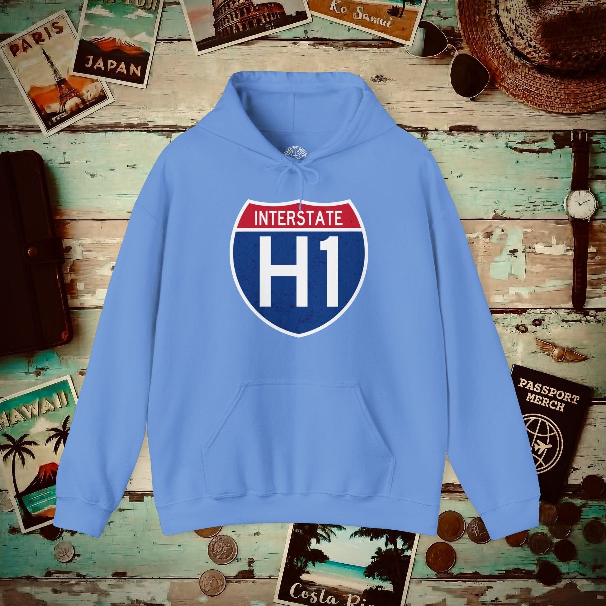 Signs of Wanderlust, Interstate H1, Hawaii Hoodie Carolina Blue / S