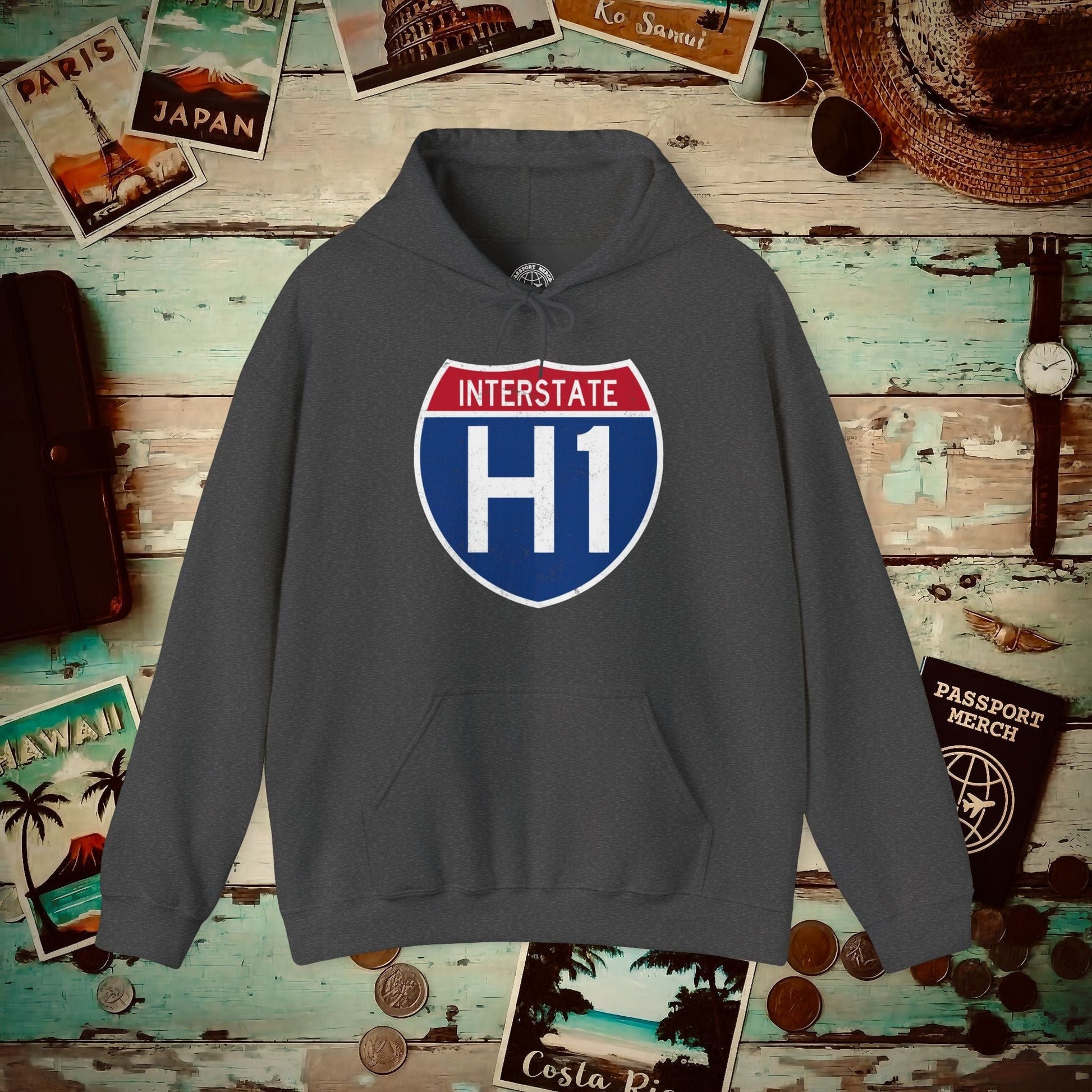 Signs of Wanderlust, Interstate H1, Hawaii Hoodie Dark Heather / S