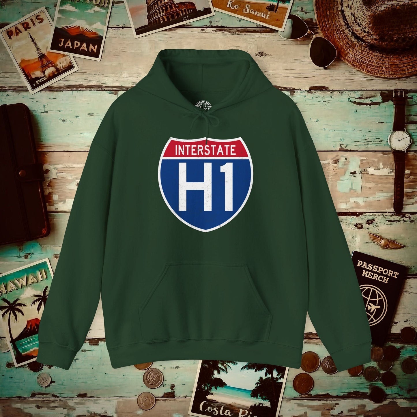 Signs of Wanderlust, Interstate H1, Hawaii Hoodie Forest Green / S