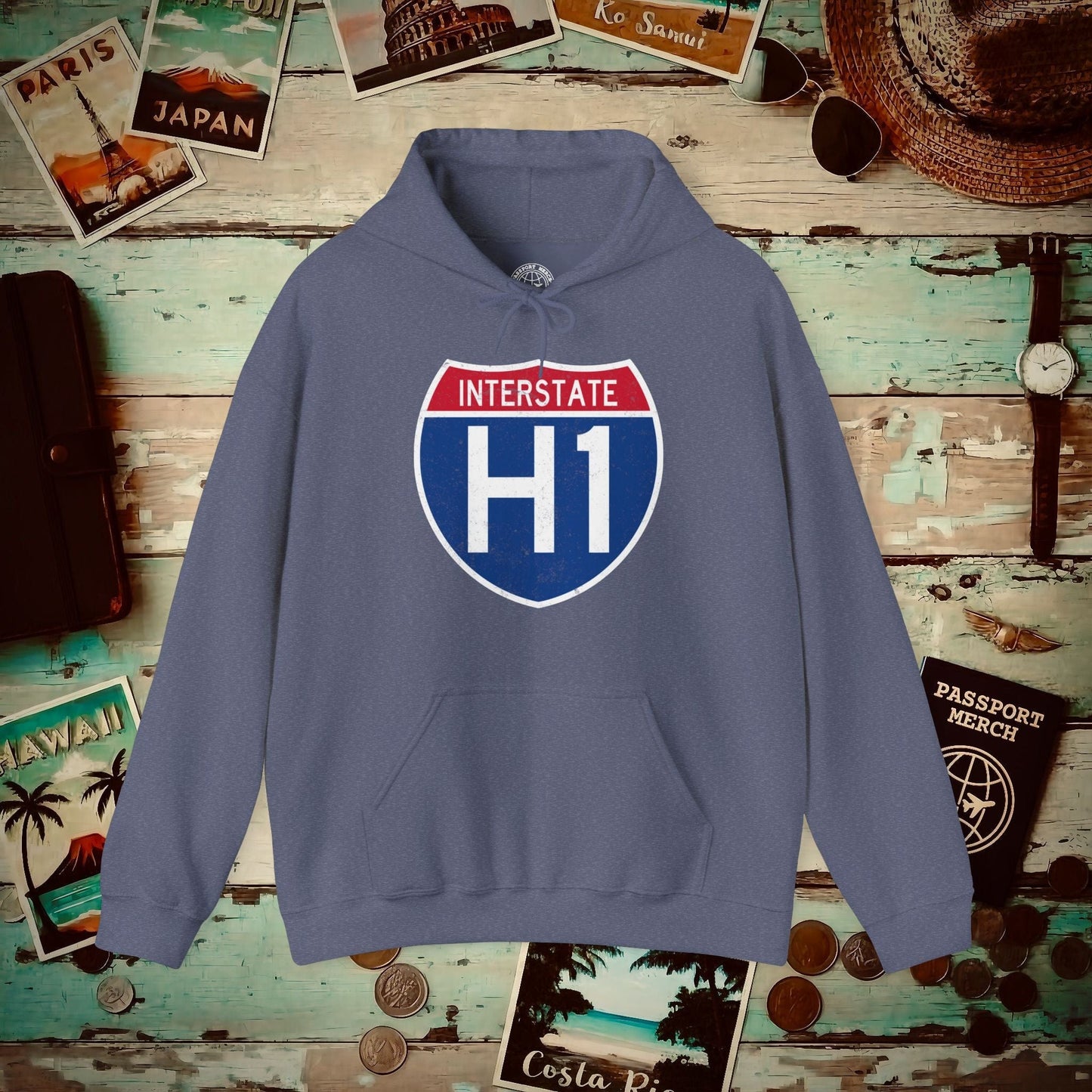 Signs of Wanderlust, Interstate H1, Hawaii Hoodie Heather Navy / S
