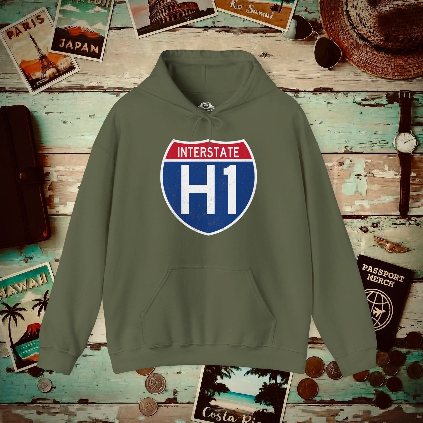 Signs of Wanderlust, Interstate H1, Hawaii Hoodie Military Green / S