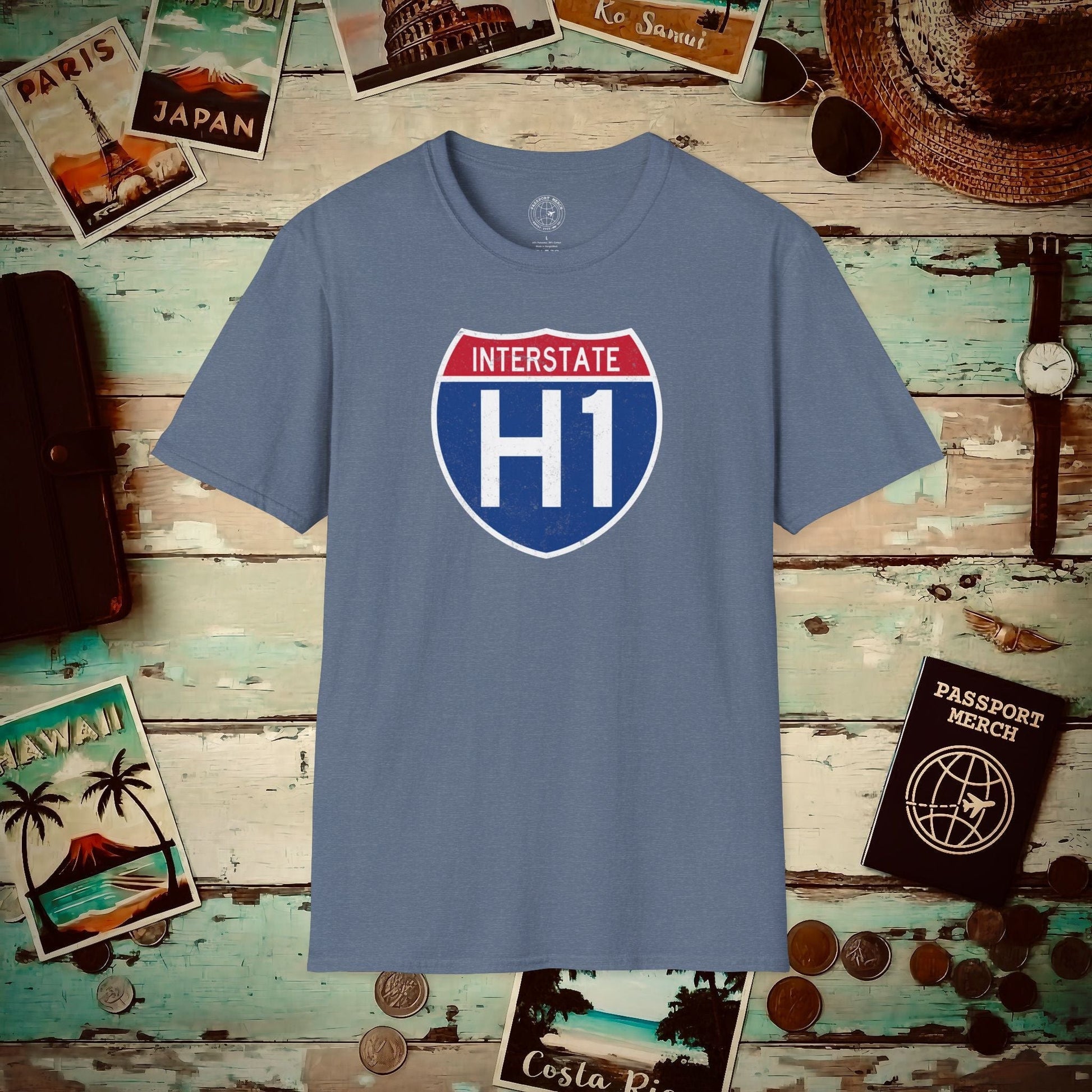 Signs of Wanderlust, Interstate H1, Hawaii T-Shirt Heather Indigo / S
