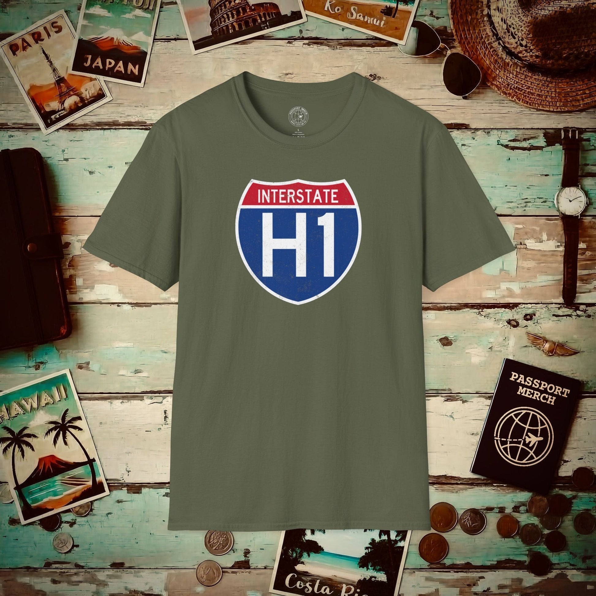 Signs of Wanderlust, Interstate H1, Hawaii T-Shirt Military Green / S