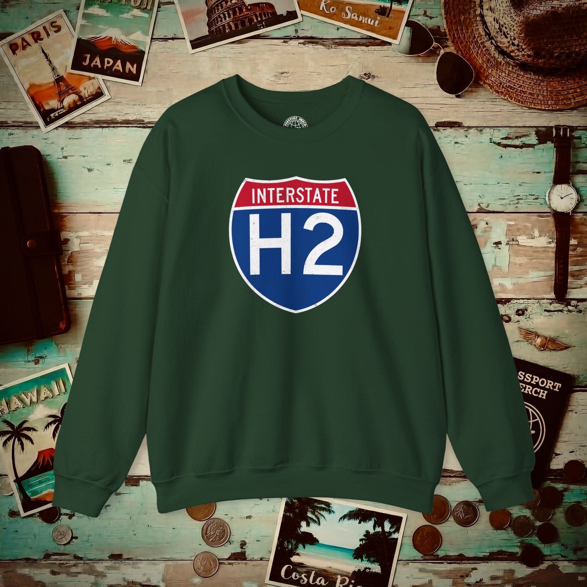 Signs of Wanderlust, Interstate H2, Hawaii Crewneck Forest Green / S