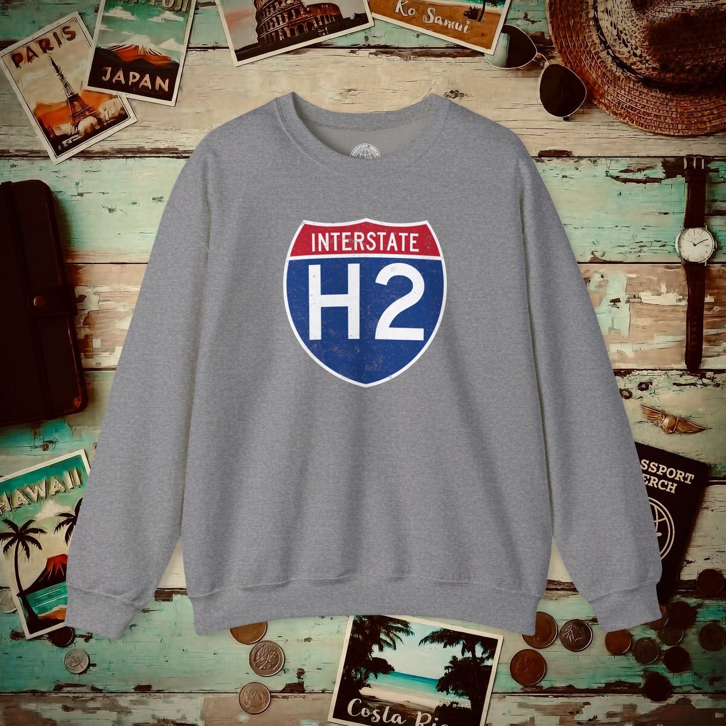 Signs of Wanderlust, Interstate H2, Hawaii Crewneck Graphite Heather / S